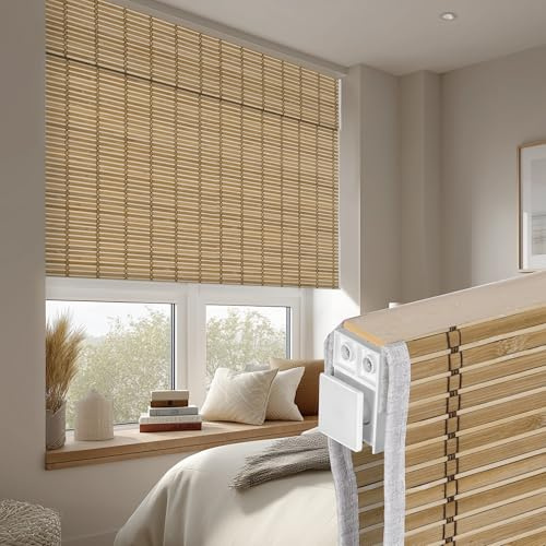 Doing-X No Drill Bamboo Roman Shades, No Tools Roman Blinds for Indoor Windows, Room Darkening Natural Cordless, UV Protection Easy Install Bedroom Living Room, Chestnut Weave,12 W x 32 H
