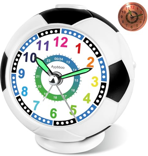 Ayybboo Barnväckarklocka för pojkar och flickor, utan tickande med analog barnväckarklocka, fotboll, nattlampa, snooze-väckarklocka, barnväckarklocka för skolnybörjare, pojkar och flickor (svart) blå)