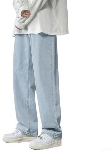 Coréen Hommes Mode Baggy Jeans Confortable Streetwear Pantalons pour toutes les saisons (L Bleu Clair)