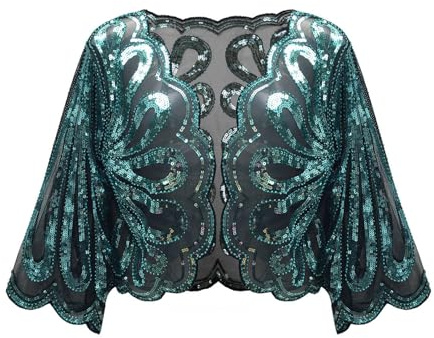 Generisch bolero da donna, per feste, da donna, con paillettes, bolero corto, per abito da patry, abito da sposa, giacca a spalla, elegante abito da sera, verde, Taglia unica