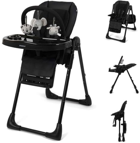 Puggle Foodie Eat & Play 9-in-1 Baby High Chair from Birth (Midnight Black) | Adjustable Hi-Lo Baby Highchair with Recline, Folding Design, 5-Point Harness & Removable Tray