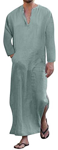 Jacansi Men's V-neck Short Sleeve Robe Side Split Kaftan Cotton Long Gown Thobe S-3XL (XXL, Green #1)