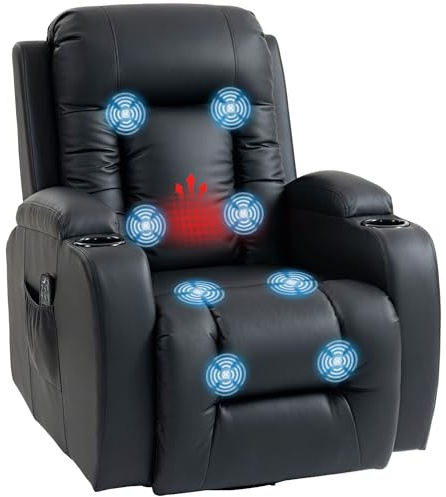 HOMCOM Fauteuil Inclinable de Massage et Chauffage, Fauteuil de Relaxation en PU, Dossier Réglable, Pivotant 360°, Repose-Pied, Poche Latérale, Porte-Gobelets, Télécommande, pour Salon, Noir