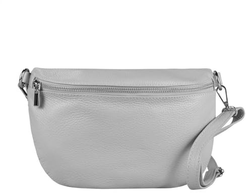 ITALYSHOP24-COM OBC Made in Italy Damen Leder Tasche Gürteltasche Crossbody Hüfttasche Bauchtasche Umhängetasche Cross-Over Bodybag Schultertasche Handytasche (Hellgrau)