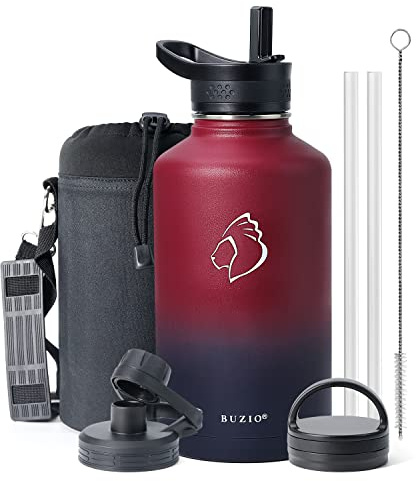 BUZIO 64 oz Water Bottle Insulated with Straw & 3 lid and Carrying Pouch, Leak Proof Half Gallon Stainless Steel Water Flask Jug, Cold for 48 Hrs Double Vacuum Thermo Canteen, BPA-Free, Ruby Red Navy