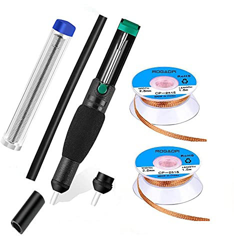 MOGAOPI Entlötdocht, Entlötpumpe, Löt-Sauger, Lötdocht, 2 x Lötgeflecht (2,5 mm Breite, 1,5 m Länge), Ersatzspitze, Entlötpumpe, Löt-Werkzeug