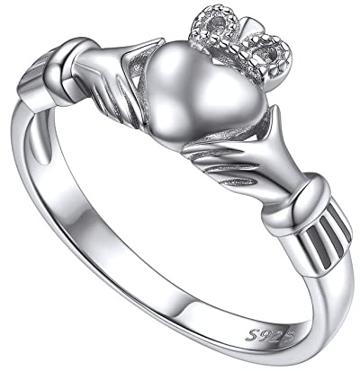 FOCALOOK Girls Silver Ring Irish Band S925 Silver Claddagh Design Eternity Rings Stacking Slim Promise Bands Size J 1/2 (Gift Box Send)