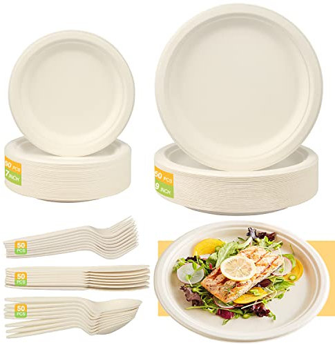 Huanmin 250Pcs Ökologisch Einweggeschirr, Kompostierbar Ökologisch Pappteller Set, Einwegteller set für 50 Gästeinkl, für Grillfest, Camping, Picknick oder Party Pappteller &Gabeln &Messer&Löffel