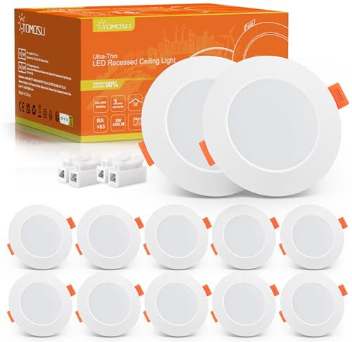 Tomosu Spot LED Encastrable Extra Plat, 5W 450LM Equivalent 50W Incandescence, IP44 Spot Etanche Salle de bain, Blanc Froid 6000K, Trou Φ75-90mm, AC220-240V, Lot de 10