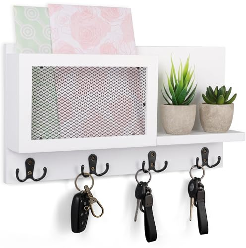 BELLE VOUS Key Holder for Wall White, Key Hanger with Wall-Mounted Mail Sorter and 8 Key Hooks - Wooden Rustic Wall Rack Letter Organiser Shelf for Home, Entryway, Hallway, Living Room, Mudroom