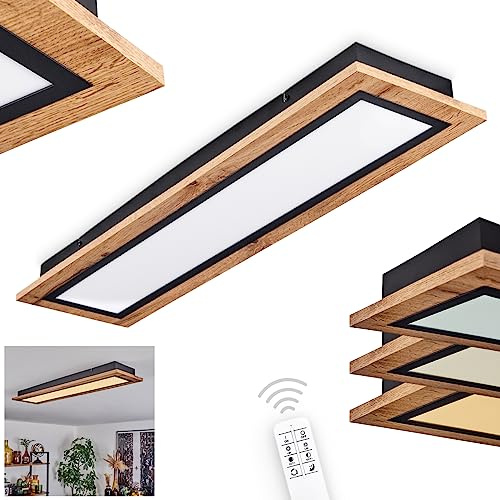 LED-taklampa Salmi, dimbar taklampa av metall/MDF/plast i svart/trälook/vit, (80 cm x 20 cm), dimbar, 3600 lumen, 3000 K, LED 36 Watt