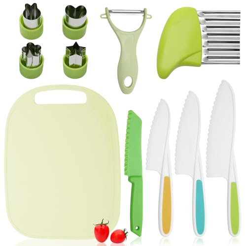 Set di 11 coltelli da cucina, coltelli da taglio in plastica, frutta e verdura, coltello per imparare a tagliare con contenitori per il pane, tagliapatate, taglierine ondulate Montessori