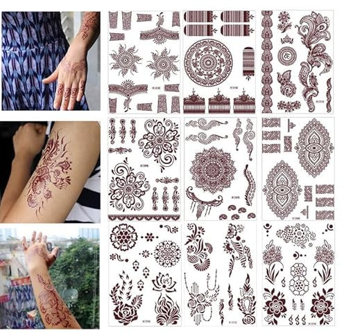 Bettinay 9PCS Mehndi Stickers for Hands, Women Girls Temporary Henna stencils sticker