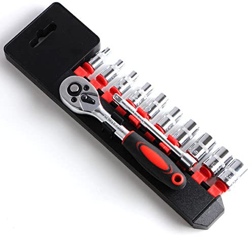JTZXJJX 12-teilig 1/4 Antrieb Ratsche Steckschlüsselsatz, 1/4 zoll Umschaltknarre mit 4mm-13mm Cr-V Stecknüssen und einer Verlängerungsstange für Arbeiten an Fahrrädern und Autos