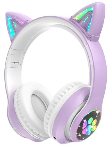 Woukksy Auriculares Bluetooth para Niños, Plegables Oreja de Gato LED Auriculares Inalámbricos para Niña con Micrófono, con Limitador de Volumen de 85 dB para la Escuela/Viajes