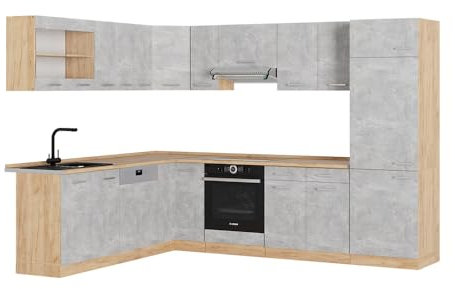 Vicco Hörnkök R-Line, betong/Goldkraft ek, 287 x 227 cm utan bänkskiva, för flexibel köksplanering och individuell moduluppställning