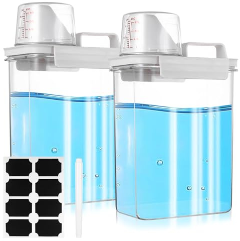 2 Pcs 1800ml Laundry Detergent Dispenser with Measuring Cup, Airtight Washing Powder Storage Container Box, Laundry Powder Storage Container for Rice Pet Dry Food Cereal Containers + Sticker & Pen