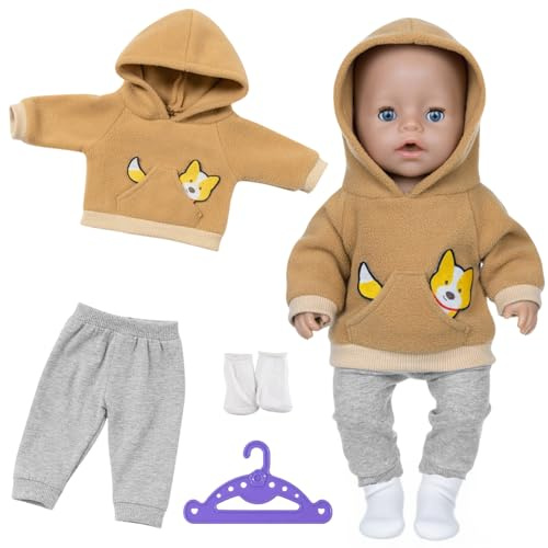 Puppenkleidung für 35-43cm Baby Puppen, 1 Brauner Welpen-Hoodie + 1 Paar Graue Hosen + 1 Paar Socken + 1 Kleiderbügel, 4 Stück Brauner Puppen Kleidung Outfits für Baby Kinder Mädchen Jungen