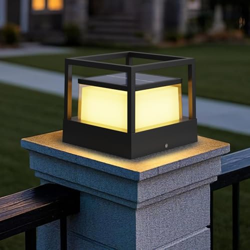 ACMHNC Borne Solaire Exterieur Jardin, Borne Eclairage Exterieur Solaire, LED Lampe de Pilier, 3000K, 4400mAh Autonomie 10~16H, IP65 Etanche Lampadaire Pour Chemin Terrasse Patio, Aluminium, Noir