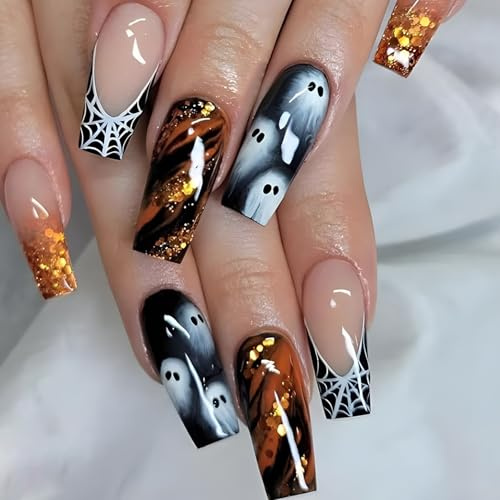 Viugex 24Pcs Halloween Press on Nails Long Square French Tip False Nails Yellow Glitter Fake Nail with Cute Ghost Spider Web Designs Ballerina Acrylic Stick on Nails for Women Holiday Decorations