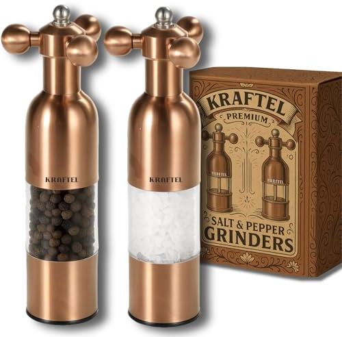KRAFTEL Premium 8 Salt and Pepper Grinder 2PK. Large Peppermill - Refillable, Adjustable Coarse, Antique Stainless Steel Spice Shaker. Clear Acrylic aesthetic - Cute Copper Color Kitchen Gift for Mom