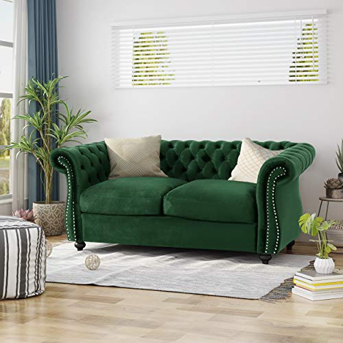 Merax Velvet Loveseat Sofa Couch, Tufted Upholstered Small Love Seat Couch, Chesterfield Velvet Sofa with Scrolled Arms, Vintage Style for Compact Space, Living Room, Apartment, Emerald