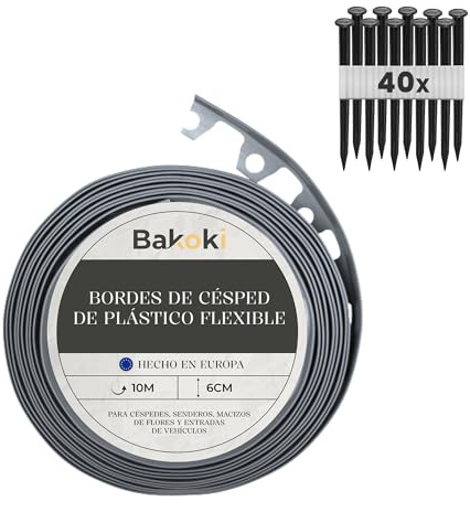 BAKOKI Bordure de pelouse Flexible (10 m | 40 piquets d'ancrage | 6 cm de Hauteur) - en Plastique Gris - Bordure de pelouse résistante aux intempéries - Bordure de Parterre de Fleurs - Bordure de
