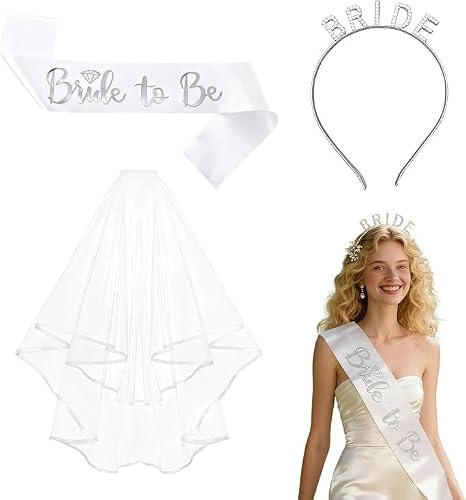 Pownert Set de 3 Pièces Décoration Mariage pour Bride to Be - Voile Mariée avec Diadème et Écharpe | Adaptépour Soirée des Copines, Fiançailles
