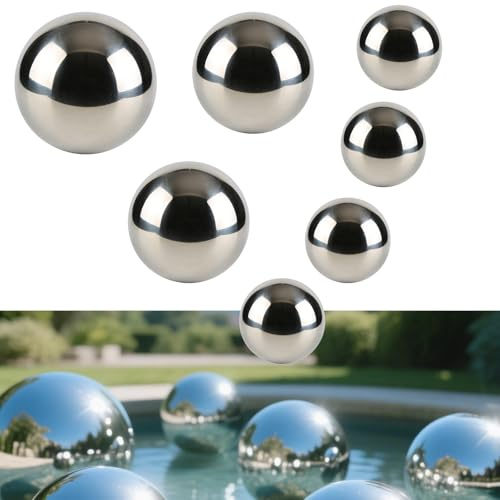 Amazleer 7er Set Deko Kugeln, Style in 3 Größen Sortiert, Deko Silber, Teichkugeln, Metallkugeln, Gartenkugeln