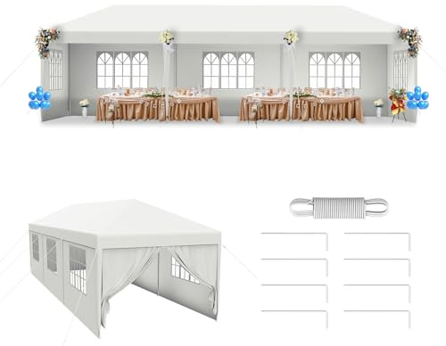 LZQ Paviljong festtält trädgårdspaviljong 3 x 9 m popup-stil snabb montering vattentätt festtält med fönster, tak och 8 sidoväggar, öltält utomhus trädgårdstält för fest, camping, marknad, vit