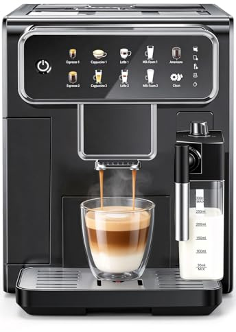 LINKLIFE Automatic Espresso Machine with Grinder and Milk Frother - Super Expresso Coffee Machines Maker with 7 One-Touch Coffee Recipes for Latte, Cappuccino, Americano, Iced and Hot Coffee (Black)