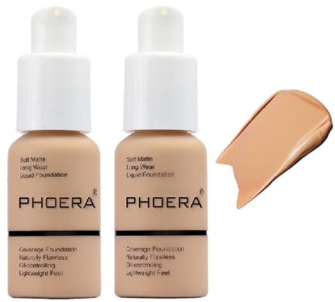 2 Pack PHOERA Foundation 104 Buff Beige Makeup,Full Coverage Foundation for Women and Girls