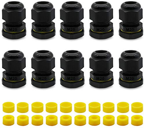 10 PCS Cable Glands, HUYU Waterproof IP68 Cable Glands Connectors M20 for 5-9mm 9-12mm Cable Diameter Nylon Plastic Cable Gland Joints for Home/Garden/Outdoor Lighting