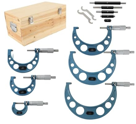 findmall 0-6 Outside Micrometer Set (0-1, 1-2, 2-3, 3-4, 4-5, 5-6), 0.0001 Accurate Carbide Ratchet Handle Accuracy Machinist Tool Set with Carbide Tip