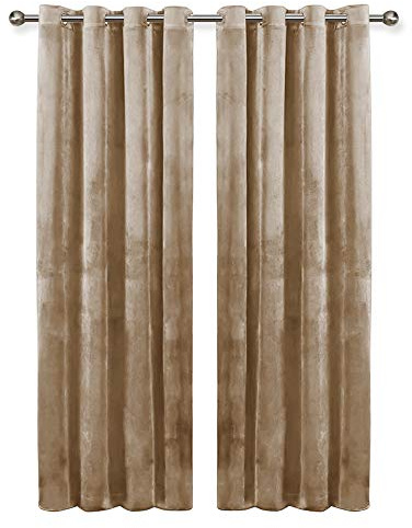 Oxford Homeware Beige Blackout Curtains 90x90 for Bedroom – Crushed Velvet Eyelet Curtains Thermal Insulated + 2 Tie Backs (228cm x 228cm)