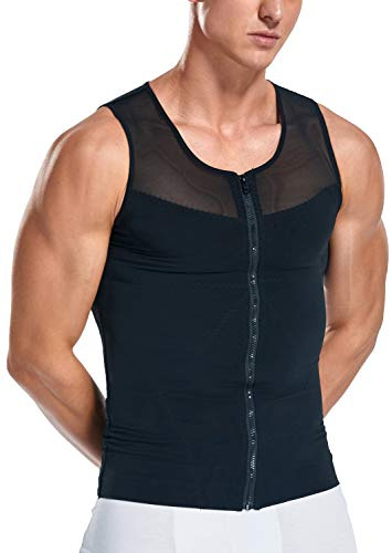 Mens Slimming Body Shaper Zipper Gynecomastia Vest Tank Top Compression Undershirt B/XL Black