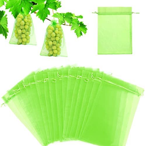 Bolsas para Uvas en Parra, 60 Piezas Bolsas Organza Malla Proteger Uvas con Cordón Protección de Frutas Verdura contra de Plagas Antipájaros Insectos en Jardín Bolsa (20x 30cm, Musgo Verde)