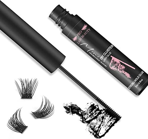 PRO LASHBEAUTY Cluster Lash Glue, Individual Cluster Lashes Glue for DIY Eyelash Extension Lash Bond Glue Mascara Wand Super Strong Hold 48 Hours WaterProof Latexfree (5ml, Black)