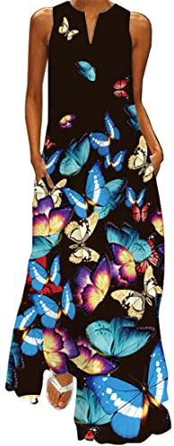 WINKEEY Vestito Lungo da Donna Stampa Floreale Farfalla Elegante Estivo Bohémien Etnico Vestito Taglia Grossa Senza Maniche con Tasca, Farfalla Blu 2 XL