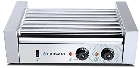 Forgast Griglia Elettrica per Salsicce, Macchina per Hot Dog Professionale, 7 Rotoli, in Acciaio Inossidabile, Dimensioni 56x33x19 cm, Piedini in Gomma Antiscivolo, Potenza 1400W