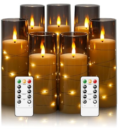 Eebuss Flameless Candles with Embedded Star String, Battery Operated LED Pillar Candles with Timer and Remote Control,Home Decorating for Ambiance， Set of 7(Grey)