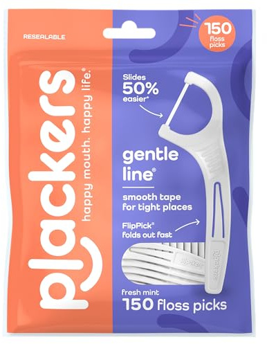 Plackers® Gentle Line® Floss Picks, Super Soft, GentleSlide® Fiber Made Without PTFE, Slides Easily Between Teeth, Fresh Mint, 150 Count
