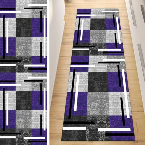 Tappeto runner antiscivolo, per corridoio, grigio, viola, 80 x 300 cm, patchwork, lavabile, decorativo, per cucina, corridoio, soggiorno, con retro in gomma, larghezza 40-120 cm
