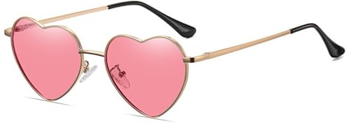 WDZAYXC Polarisierte Herz geformte Sonnenbrille für Damen Vintage Metallrahmen Nette Gläser für Party und Festival(Gold/Rosa)