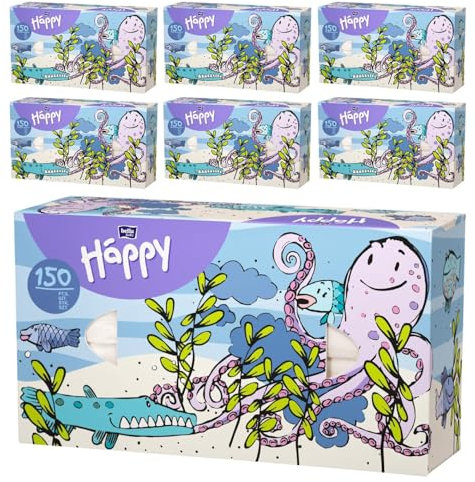 bella baby Happy Taschentücher Box mit Oktopus-Motiv 2-lagig im 7er Pack (7 x 150 Stück), reißfeste, weiche und zarte Papiertaschentücher