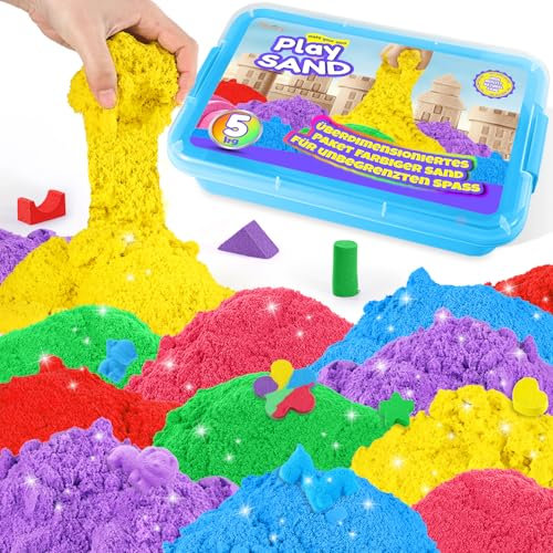 AtMini Wonder Sand Regenbogen Mix Set -5kg Spielsand with 6 Farbe，Knetsand für kinder Sandbox mit Deckel für kinder 3 4 5 6 7+ Jahre Alt（Blau）