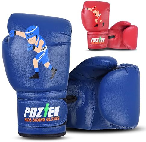 POZTEV Ungdomar boxningshandskar för barn, idealiska för boxning, kickboxning, Muay Thai, UFC, MMA – nybörjare, junior, tung boxning, handskar för barn, sparring, träning, kampsport, vantar (blå, 170
