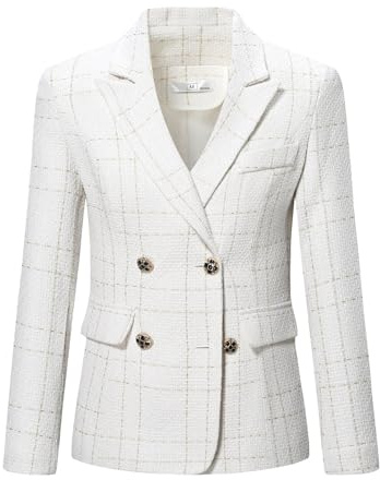 YYNUDA Blazer da donna in tweed elegante, giacca a quadri casual a maniche lunghe, sakko per ufficio, bianco, XL