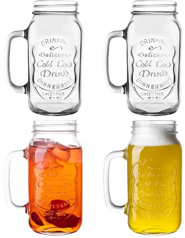 QWEZXO 24 OZ Mason Jar Drinking Glasses for Party Beverages Materials and Jars with Comfortable Handle Easy to Clean in the Dishwasher 4Pack