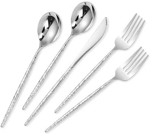 SUT 150PCS Silver Plastic Silverware, Disposable Utensils, Includes 50 Knives, Forks and Spoons, Hammered Silverware Set, Silver Cutlery. Plastic Silverware Heavy Duty for Party/Wedding
